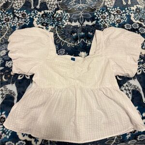 Old Navy Cream Smocked Blouse with Ruffled Puff Sleeves